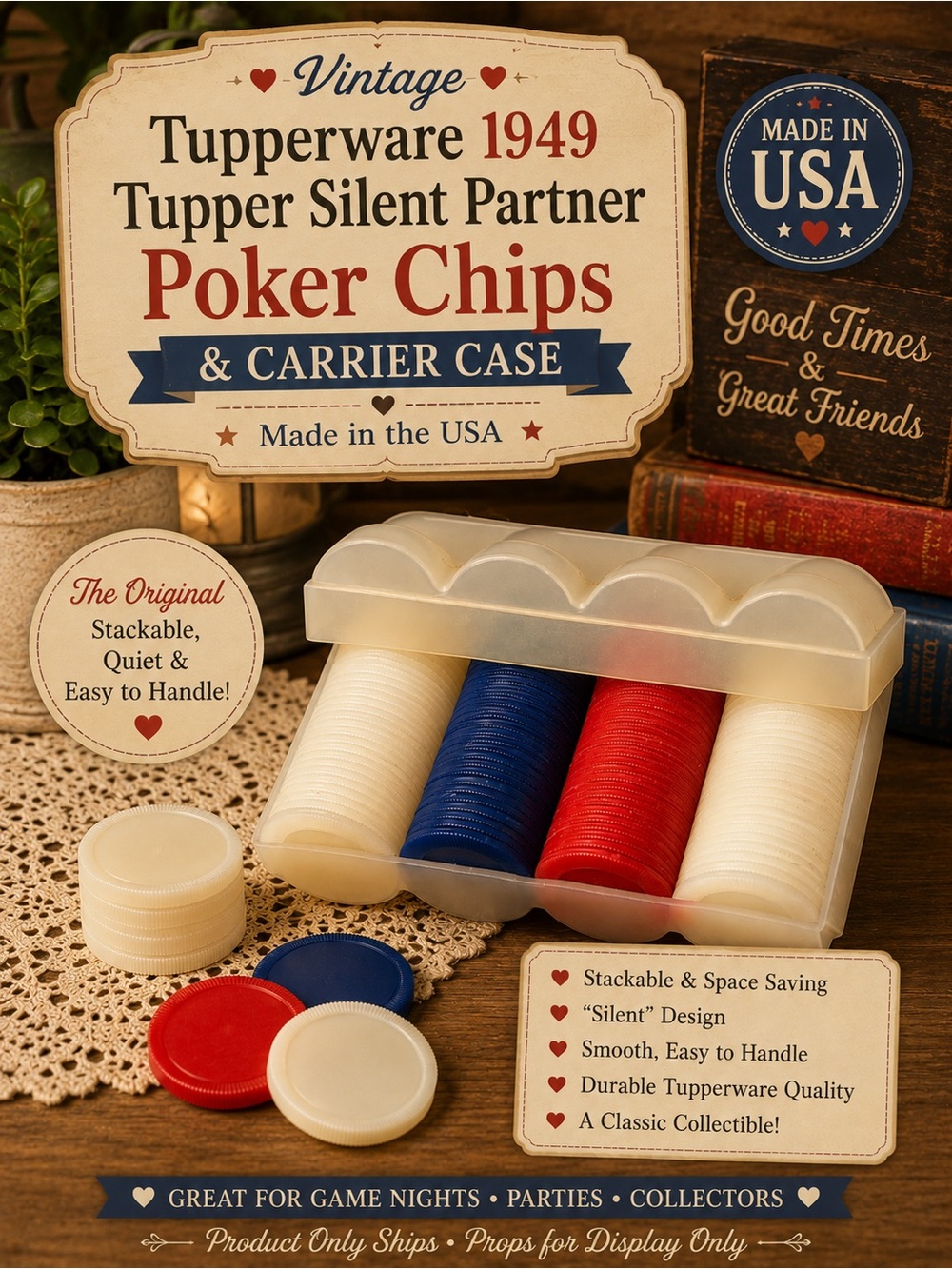 Tupperware Red, Blue & White Poker Chips with Translucent Carrier